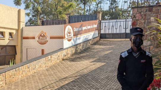 A guard at the Hope Hostel in Kigali, Rwanda which is currently empty as it awaits the first flight of the UK’s unwanted asylum seekers.