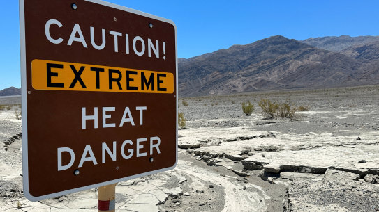 A signboard warning of extreme heat in Death Valley, California, on July 15.