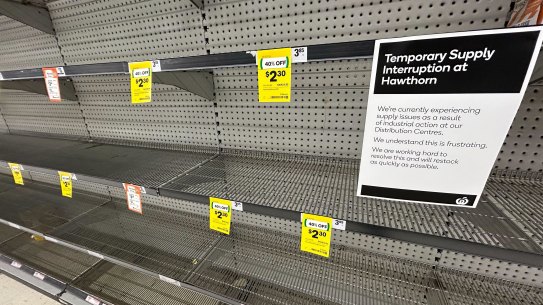 Bare shelves in a Melbourne Woolworths in late November.