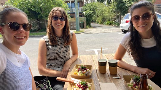 Kate Prowse (right) catches up over lunch with colleagues Sarah Shaw (left) and Chloe Herbert.