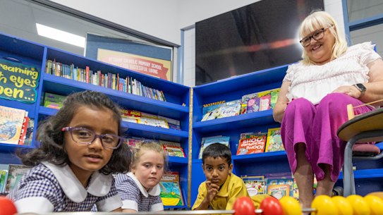 Bethany Catholic Primary School students Hazel Sobin, Marli Brennan and Joshua George with literacy leader Kirrily Wallace.