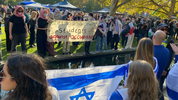 Across a university moat, pro-Israel and pro-Palestine groups face off