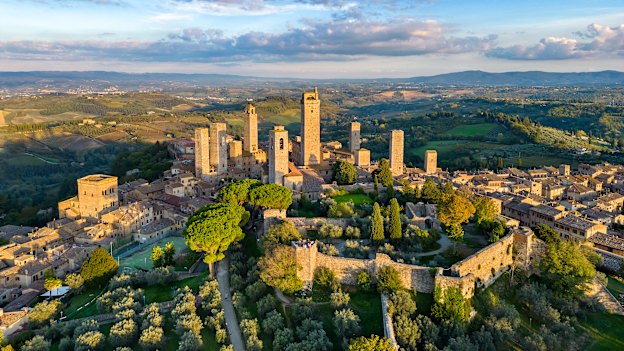San Gimignano’s slender towers draw walkers to a welcome rest stop on the Via Francigena.