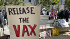 A sign urges the release of the monkeypox vaccine during a protest in San Francisco, July 18, 2022.