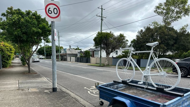 Brisbane ghost bike removed by council for being a safety hazard returns on the back of a legally parked trailer