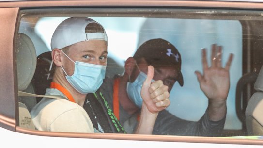 Australian tennis player Blake Mott in a players transport van from the Grand Hyatt Melbourne Hotel to practice for the Australian Open.