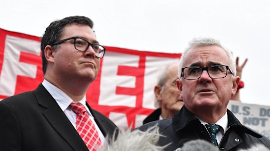 Liberal National Party MP George Christensen and independent MP Andrew Wilkie speak outside Belmarsh Prison after visiting Julian Assange.