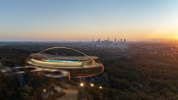 Render of the proposed Brisbane 2032 Olympic and Paralympic Aquatic Centre at Mount Coot-tha, designed by Richard Groves and Bates Smart architects.