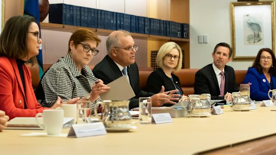 Prime Minister Scott Morrison and Minister for Women Marise Payne, centre, led the first meeting of cabinet’s new women’s taskforce.