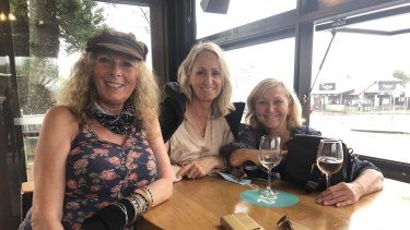 Jeanette Lamb and friends at the Byron Bay Hotel. They flew home early following the Bluesfest cancellation.