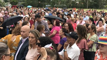 More than 1000 people gathered in Bill Hewitt Reserve at Camp Hill to honour Hannah Clarke and her young children, who were murdered during a domestic violence attack on February 19, 2020.