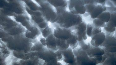 A mammatus cloud forms ahead of a thunderstorm tracking north east over Blaxland in Sydney’s west on Wednesday afternoon. 