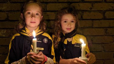 Cub scouts Edwina and Florence Keating, Dawn Service on Hoddle Street.