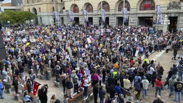 Anti-lockdown and vaccine mandate protesters gather at Forrest Place in Perth.