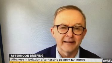 Anthony Albanese during a TV interview while  isolating at home with COVID on April 22.  