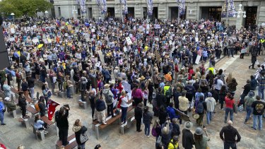 Protesters gathering at Perthâ€™s Forrest Place on Saturday. 