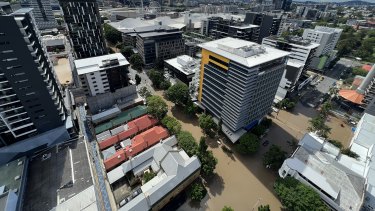 An aerial view of flooding, as seen from above in South Brisbane on Monday.