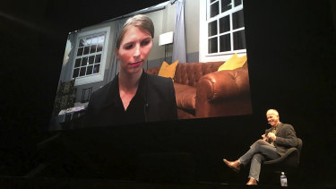 Chelsea Manning appearing via satellite at the Sydney Opera House.