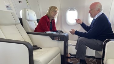 Britain’s Foreign Secretary Liz Truss and Brandis discuss the Australia-UK security relationship on their flight to Sydney for AUKMIN talks.