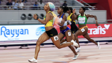 Fraser-Pryce out in front in the women's 100 metres final.