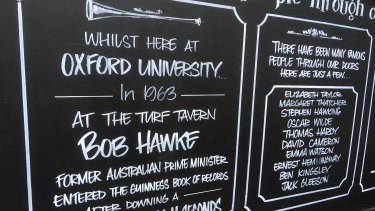 The Turf Tavern, in Oxford, commemorates former student Bob Hawke's record-breaking beer-drinking feat, which didn't occur there. 