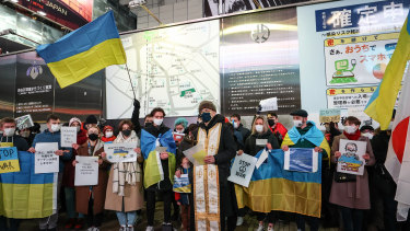 A rally in support of Ukraine was held in front of the Shibuya station in Tokyo.