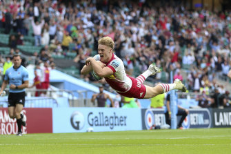 Louis Lynagh scores for Harlequins during the English Premiership final in June at Twickenham.