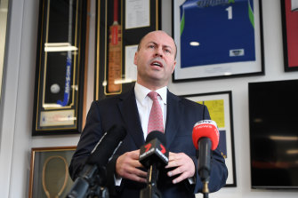 Treasurer Josh Frydenberg at a press conference at his Victorian offices earlier this week. 