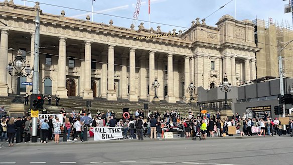 Demonstrators gather at the steps of Parliament House on Tuesday evening.