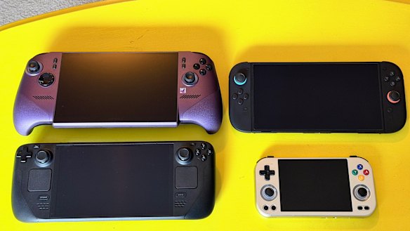 Clockwise from top left, the MSI Claw 8 EX AI+, the Nintendo Switch 2, the Anbernic 477M and the Valve Steam Deck OLED.