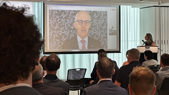 Former prime minister Malcolm Turnbull appearing via videolink at the ‘Pumped Storage: Powering Australia’s Energy Future’ conference in Brisbane.