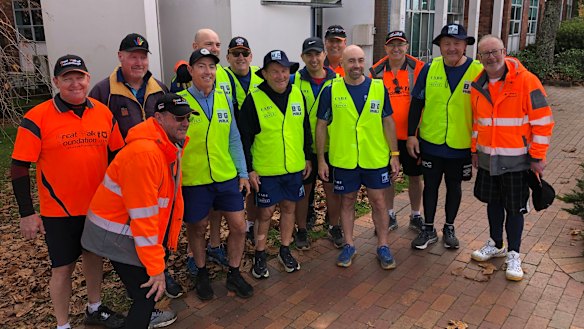 Royce Simmons and his crew after finishing day nine of his 300km charity walk from Gooloogong to Penrith.