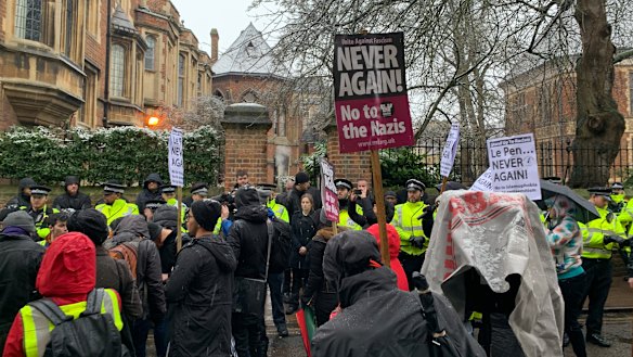 Protesters rally at Oxford Union ahead of Marechal's talk.