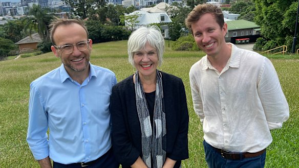 Greens leader Adam Bandt with new MPs Elizabeth Watson-Brown and Max Chandler-Mather.