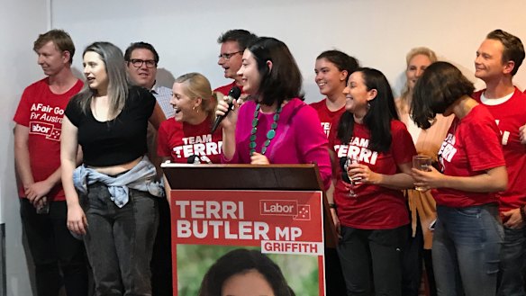 Terri Butler celebrates a rare win for Labor in Queensland in the Brisbane electorate of Griffith.