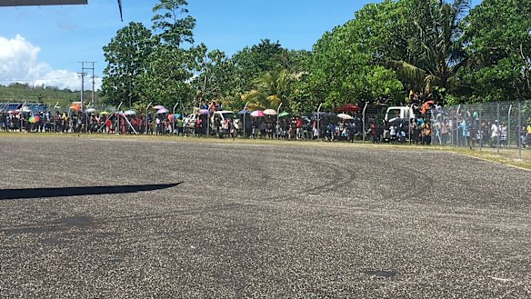 The arrival of the first direct flight from Brisbane attracted a huge crowd in Munda.