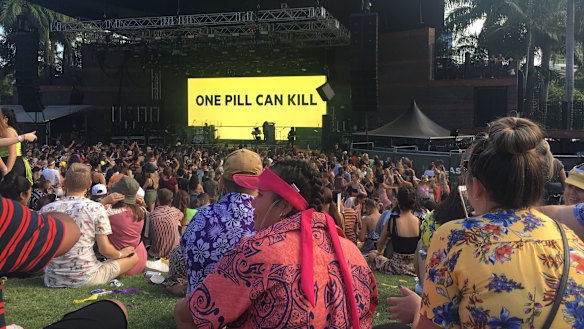 The FOMO Festival crowd at Brisbane's Riverstage were warned about the dangers of taking drugs.