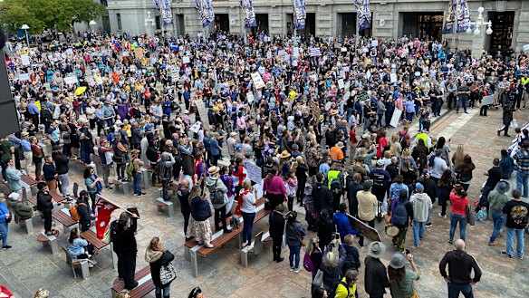 Protesters gathering at Perth’s Forrest Place on Saturday. 