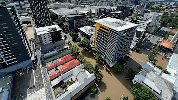 An aerial view of flooding, as seen from above in South Brisbane on Monday.
