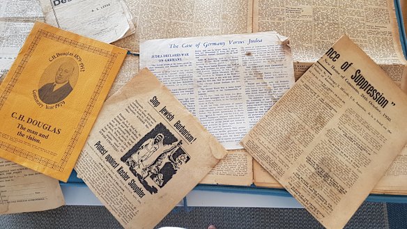 A montage of FNick’s virulently anti-Semitic propaganda tracts, crumbling from age.