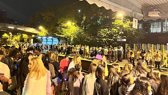Taylor Swift fans pack the trains at Jolimont Station after leaving the MCG.