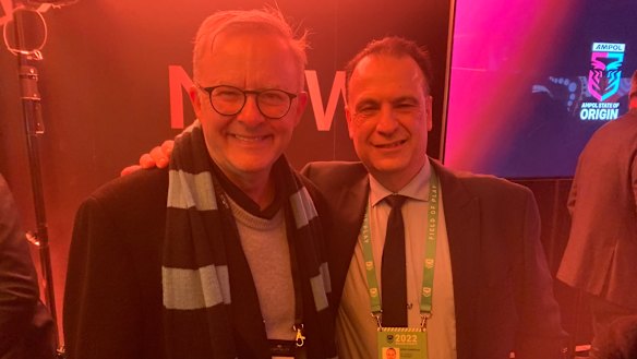 Anthony Albanese and Peter V’landys inside the NRL chairman’s suite.