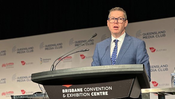 Defence Industry Minister Pat Conroy speaking in Brisbane on Tuesday.