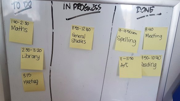 Janelle Boyton's "kanban" whiteboard.