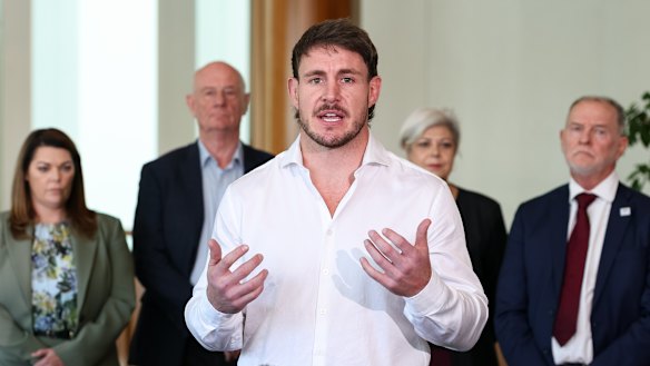 Luke Bateman during a press conference at Parliament House in Canberra on Monday. 