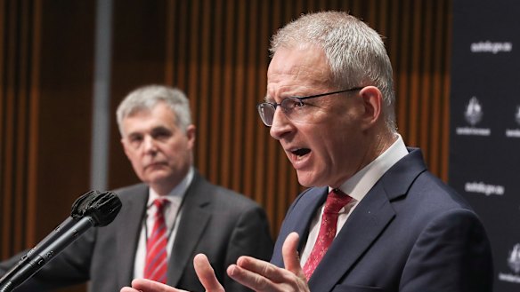 NBN Co CEO Stephen Rue and Minister for Communications, Cyber Safety and the Arts Paul Fletcher during a press conference at Parliament House in Canberra on  Wednesday.  