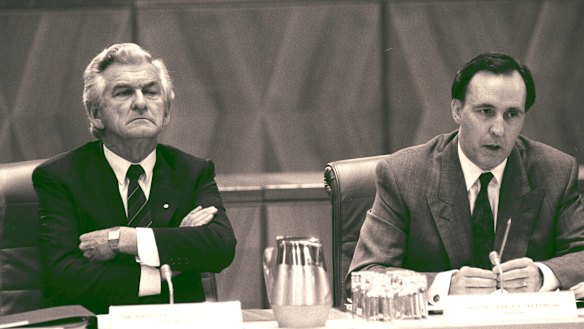 Bob Hawke and Paul Keating at Parliament House in 1991.