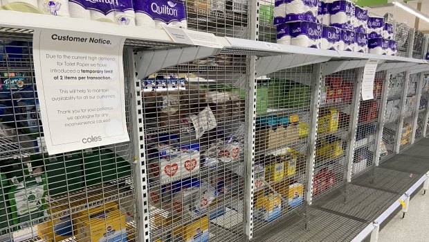 Toilet paper shelves still only partially full at Coles Fairfield.