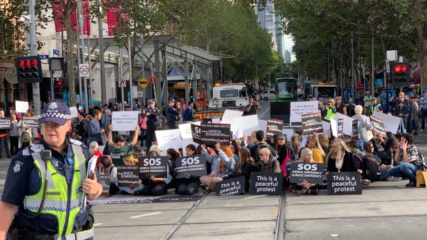 Around 150 animal rights activists blocked the intersection of Flinders and Swanston streets in Melbourne on Monday.
