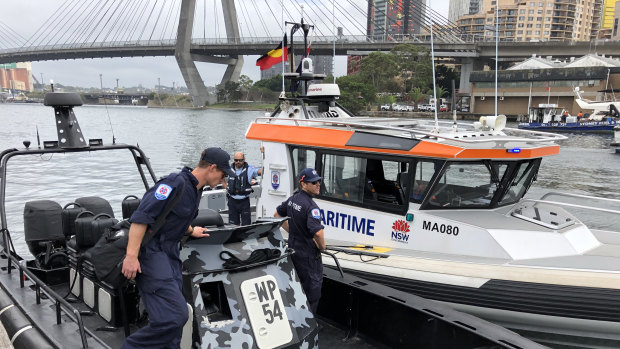 Police raid a boat owned by All Occasions Cruises in Blackwattle Bay Marine in Pyrmont.